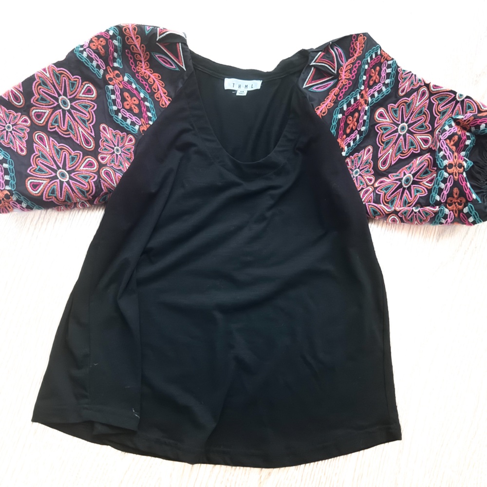 Trendy Black Top with Colorful Sleeves puffy embroidered pink teal black xsmall